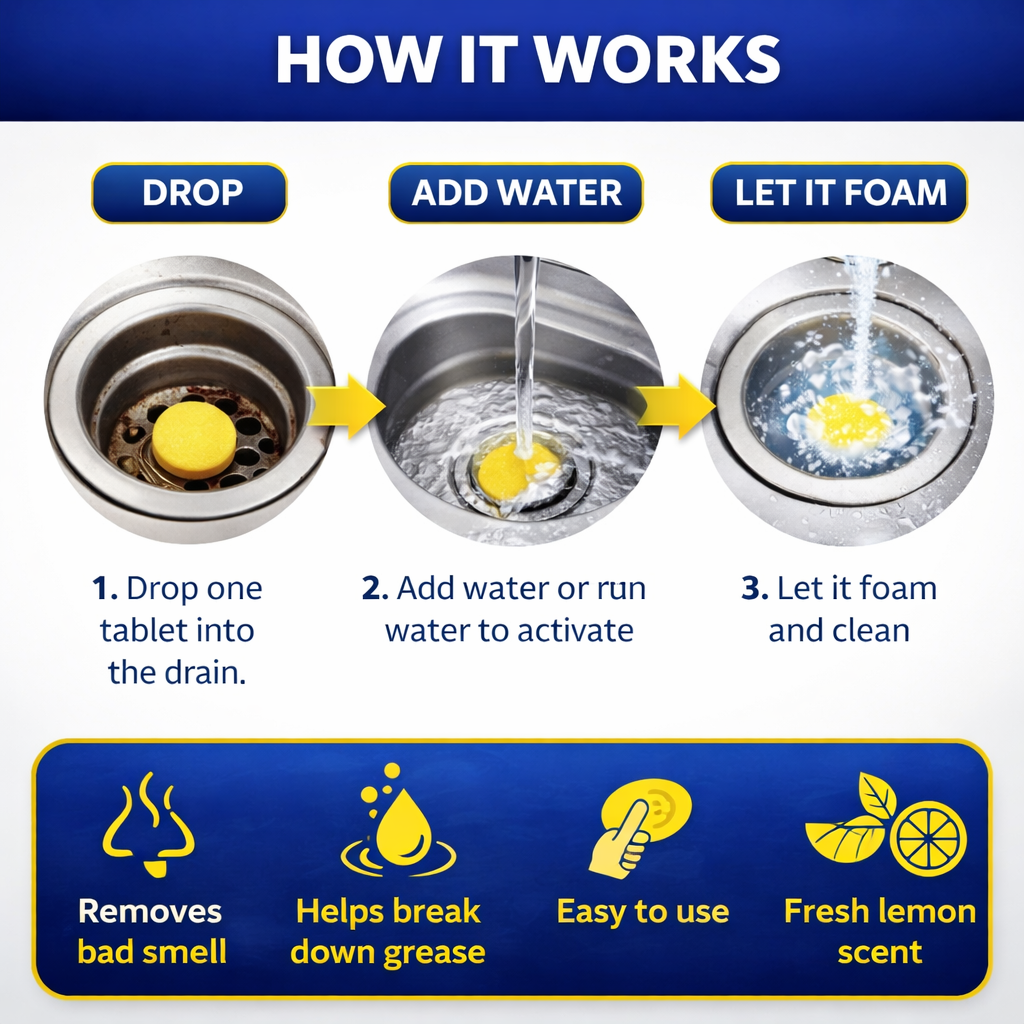 Lemon Foaming Drain Cleaning Tablets for Sink, Pipes & Disposal
