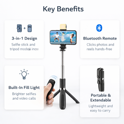 3-in-1 Selfie Stick Tripod with Flash & Bluetooth Remote