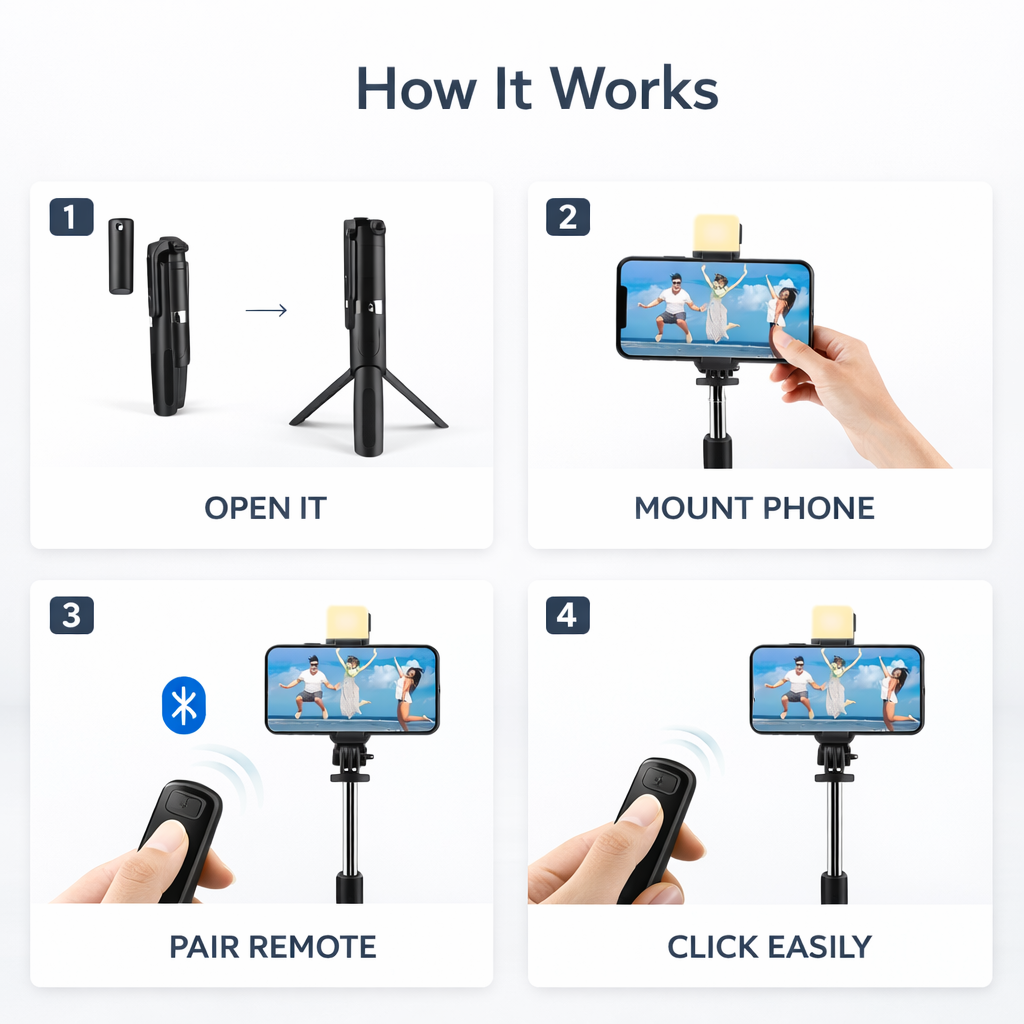 3-in-1 Selfie Stick Tripod with Flash & Bluetooth Remote