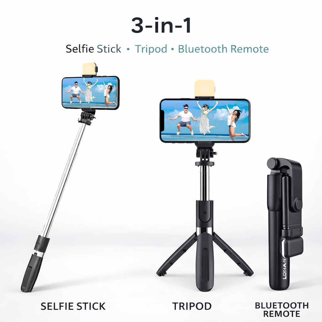 3-in-1 Selfie Stick Tripod with Flash & Bluetooth Remote