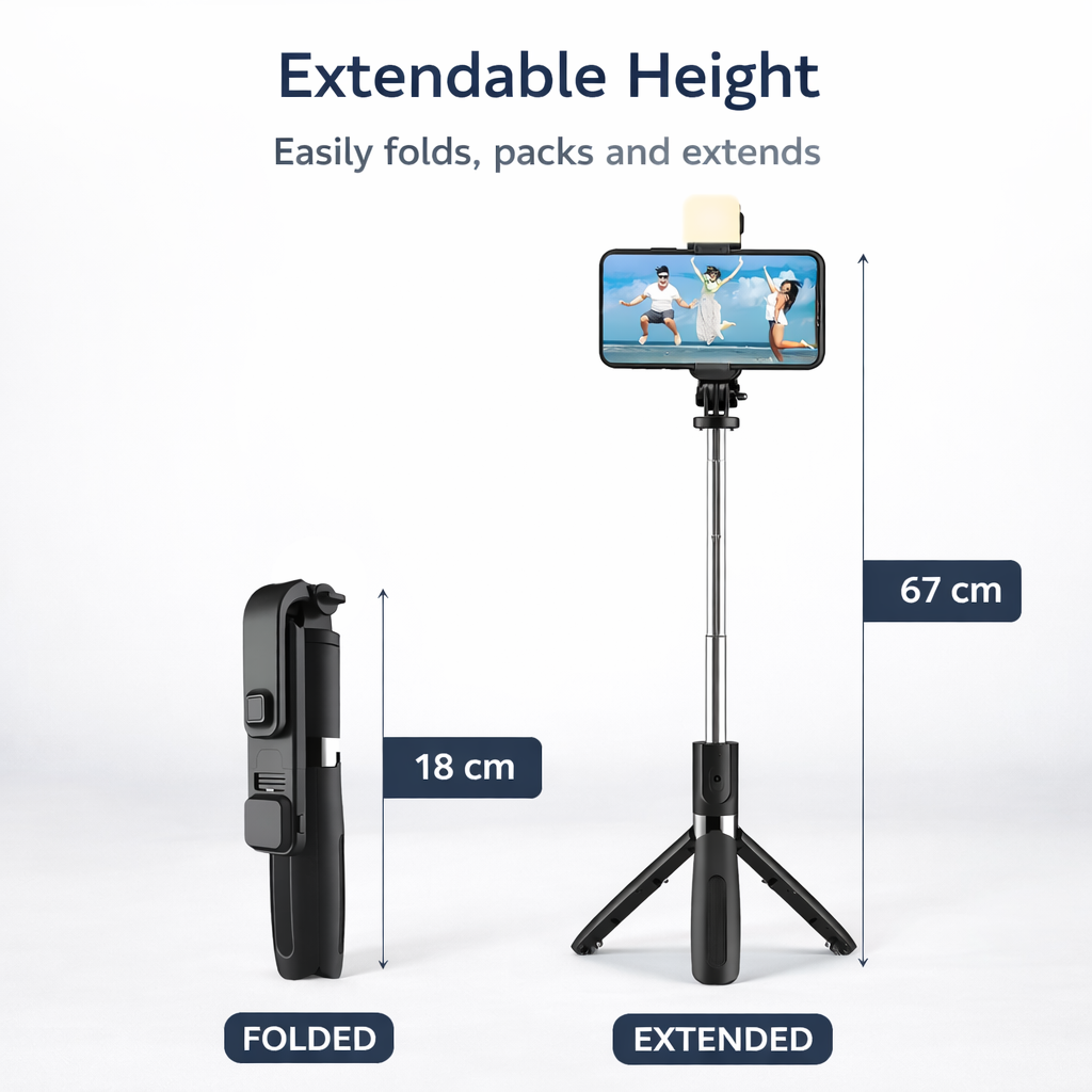 3-in-1 Selfie Stick Tripod with Flash & Bluetooth Remote